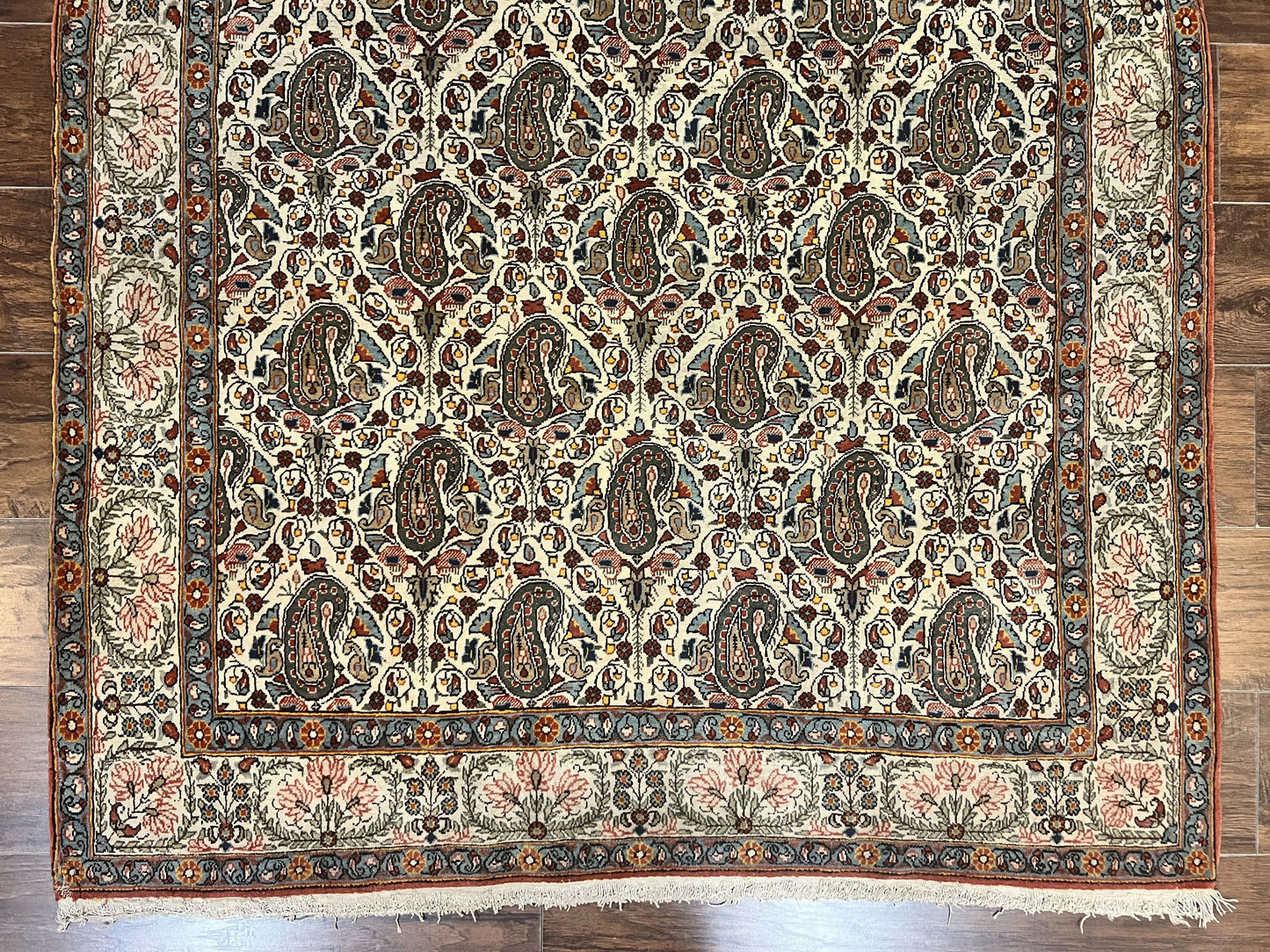 Persian Qum Rug 5x6, Cream Wool Hand Knotted Carpet, Repeated Boteh Paisely Design, Semi Antique Vintage Rug, Very Fine Weave 5 x 6 Rug - Nuvé