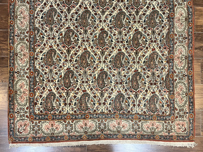 Persian Qum Rug 5x6, Cream Wool Hand Knotted Carpet, Repeated Boteh Paisely Design, Semi Antique Vintage Rug, Very Fine Weave 5 x 6 Rug - Nuvé