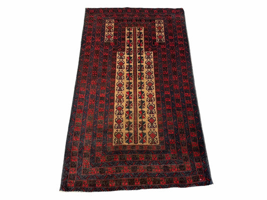3 X 3.5 New Vintage Handmade Wool Rug Tribal Turkoman Balouch Red Prayer Rug - Nuvé