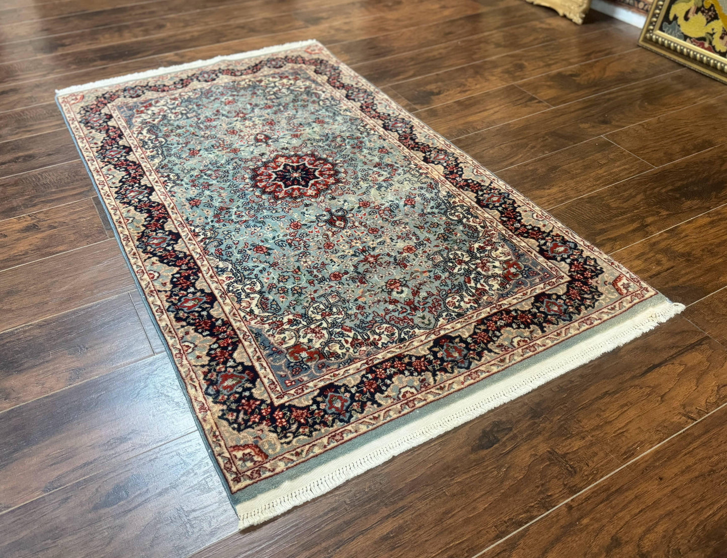 Indo Persian Kerman Rug 3x5, Light Blue, Floral Medallion - Nuvé