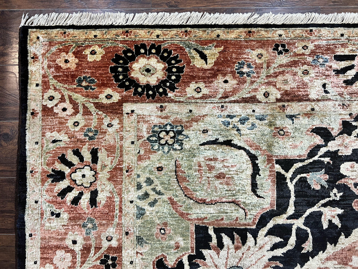 Pak Persian Rug 8x10, Pakistani Mahal Sultanabad Carpet, Signature from Master Weaver, Shiny Wool, Black Red Vintage Handmade Medallion Rug - Nuvé