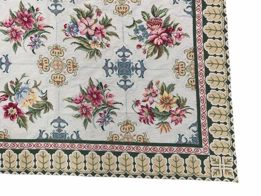 Hand-Knotted Needlepoint Carpet 6x9, Ivory/Cream Background, Colorful Flowers, Yellow Border, Aubusson Rug 6 x 9, New, Handmade - Nuvé