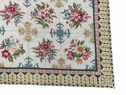 Hand-Knotted Needlepoint Carpet 6x9, Ivory/Cream Background, Colorful Flowers, Yellow Border, Aubusson Rug 6 x 9, New, Handmade - Nuvé