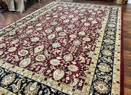 Indo Persian Rug 10x14, Floral Allover, Maroon, Handmade Hand Knotted VIntage Wool Rug, Large Oriental Carpet