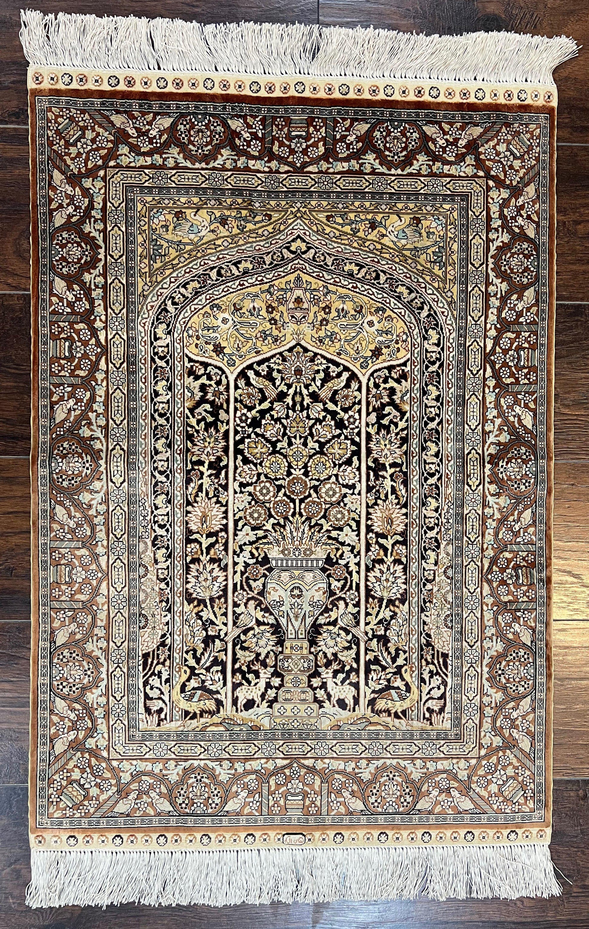 Turkish Silk Hereke Rug 2x3, Floral Vase Tree of Life Birds, Silk Pile on Silk Foundation, Vintage Oriental Carpet, Very Fine, Signature - Nuvé