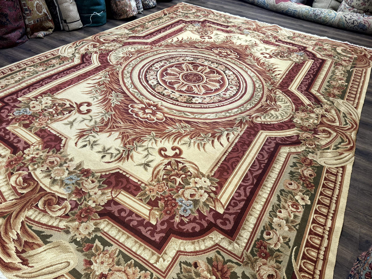 Large Aubusson Rug 10x13, Thick Flatweave Carpet, Elegant European Design, Cream and Raspberry - Nuvé