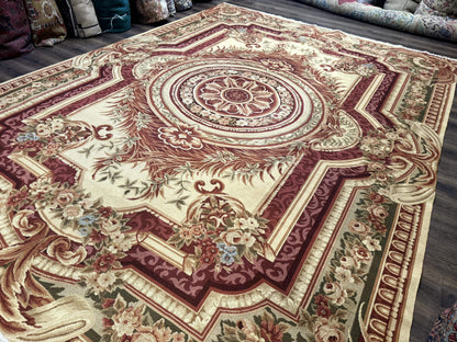 Large Aubusson Rug 10x13, Thick Flatweave Carpet, Elegant European Design, Cream and Raspberry - Nuvé