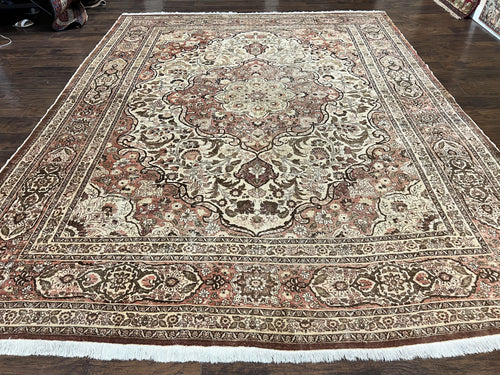 Antique Persian Tabriz Rug 10x12, Wool Hand Knotted Oriental Carpet, Beige Light Red, Floral Medallion - Nuvé