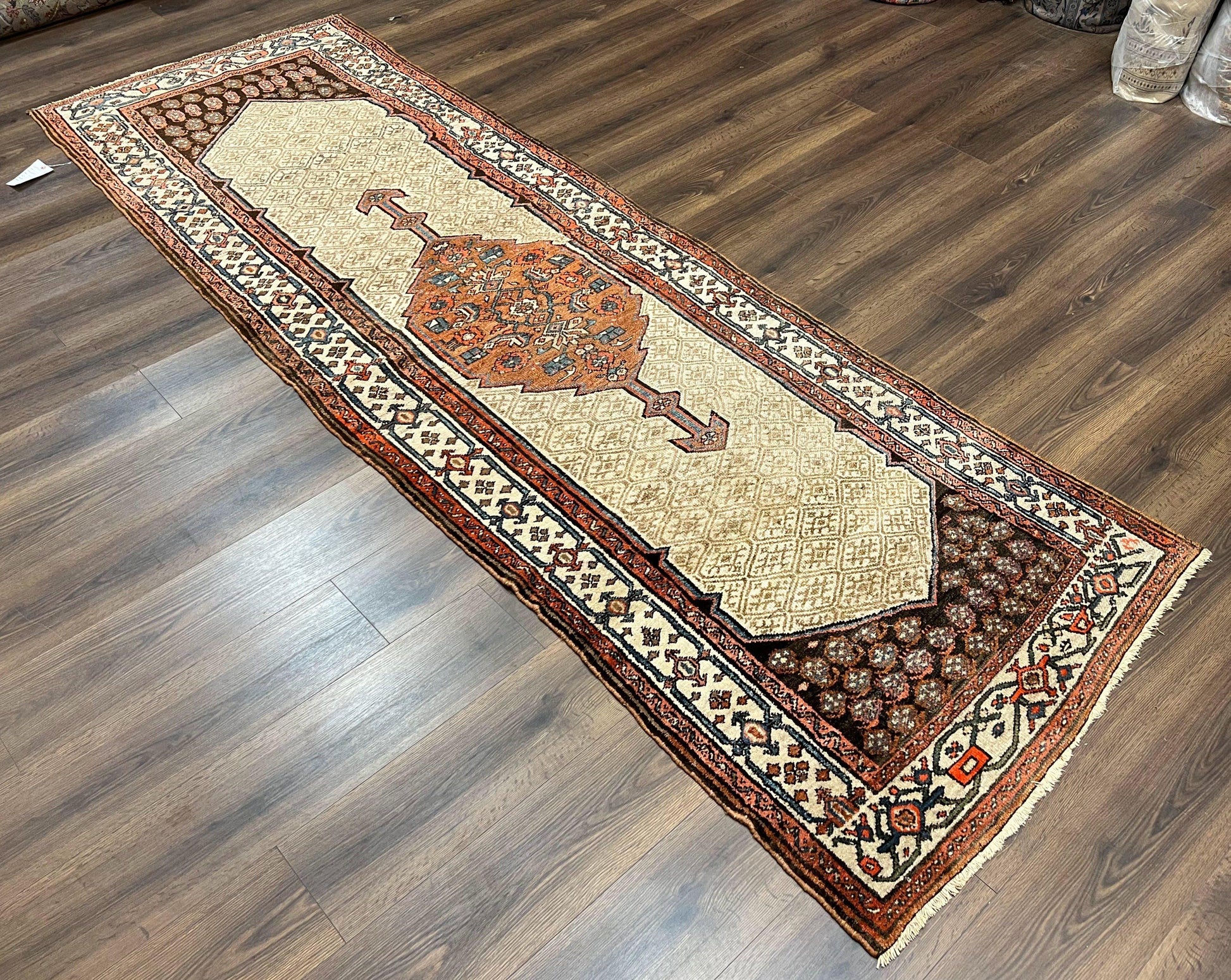 Rare Persian Tribal Runner Rug 3.5 x 10, Sarab Serab Kalegy Carpet, Antique 1920s Collectible Geometric Medallion Oriental Wool Runner, Hand Knotted, Camel Hair Color - Nuvé