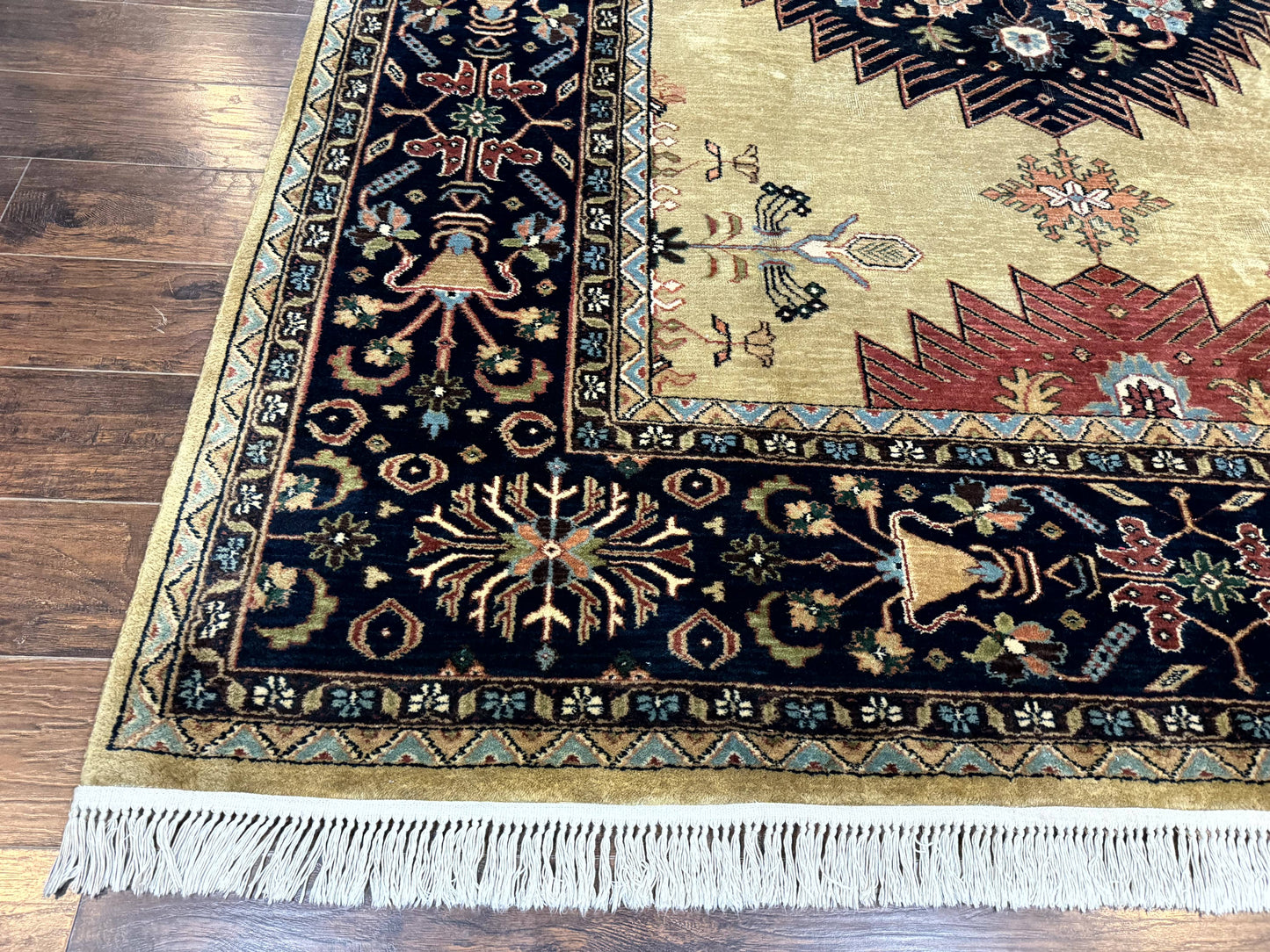 Indo Persian Heriz Rug 8x12, Camel Hair Tan and Navy Blue, Decorative - Nuvé