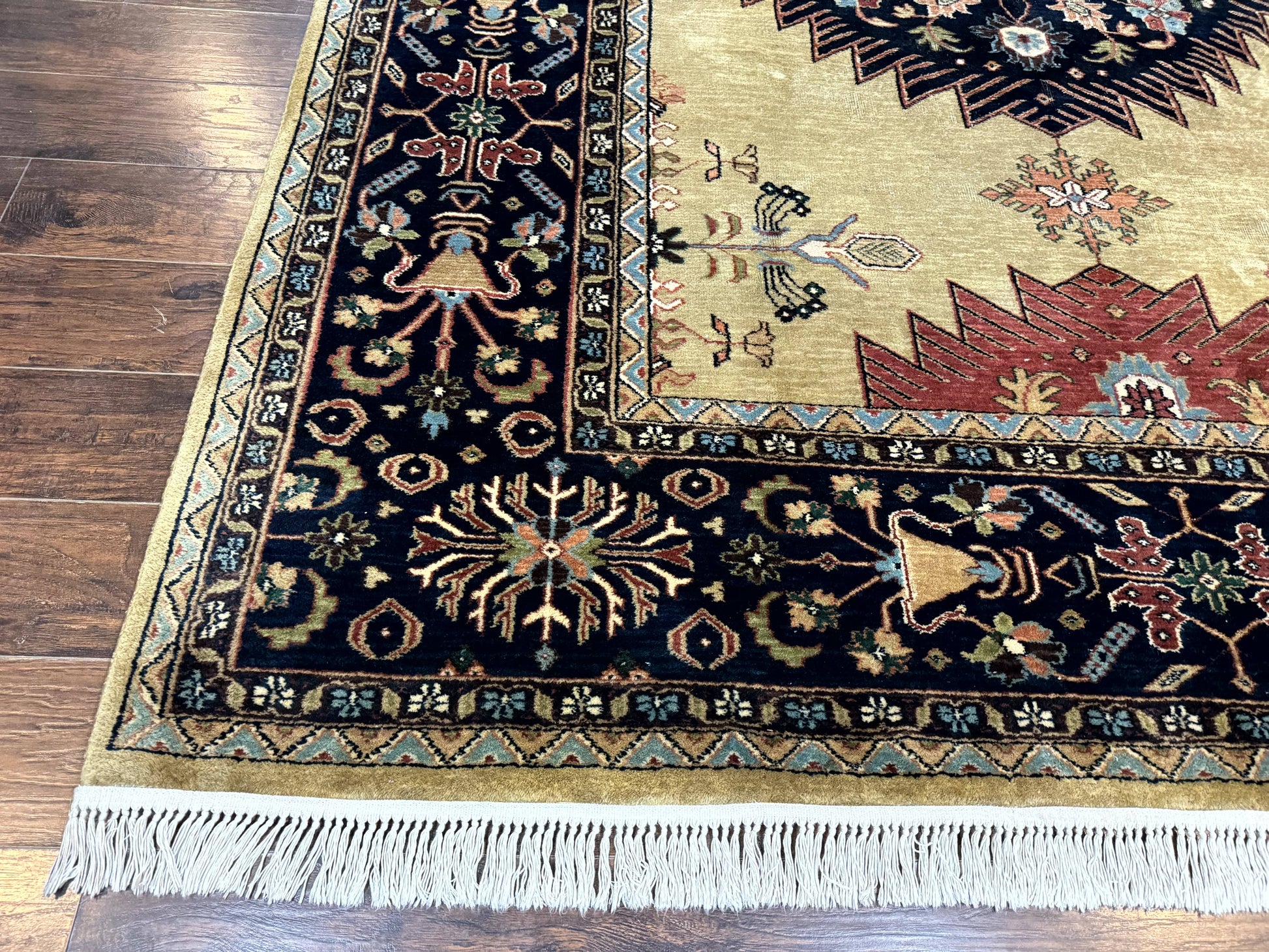 Indo Persian Heriz Rug 8x12, Camel Hair Tan and Navy Blue, Decorative - Nuvé