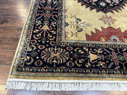 Indo Persian Heriz Rug 8x12, Camel Hair Tan and Navy Blue, Decorative - Nuvé
