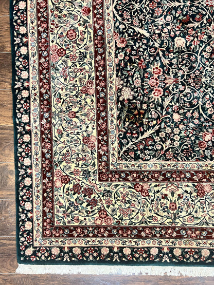 Large Sino Persian Rug 10x14, Wool Hand Knotted Vintage Carpet, Dark Green & Beige, Kirman Floral Rug, Fine Weave, Traditional, Large - Nuvé