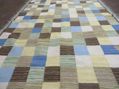 5' X 8' Hand-knotted Kilim Dhurrie Wool Cotton Rug Flat Weave Carpet Checkered Pattern Colorful Multicolor - Nuvé
