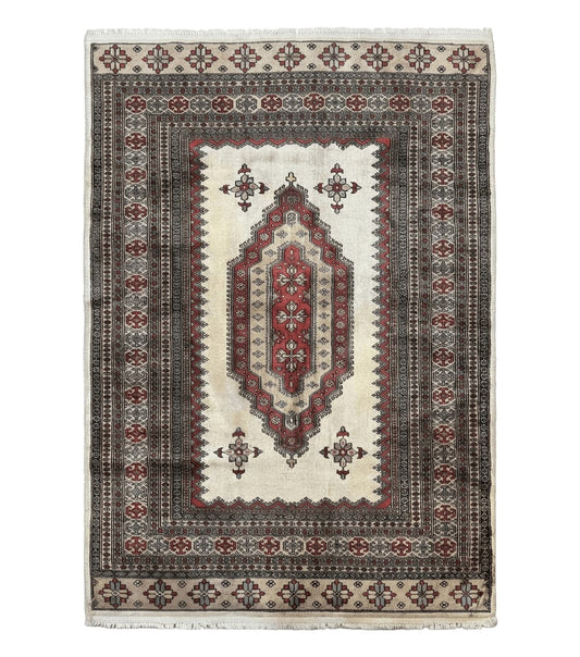 Pakistani Turkoman Rug 4x6, Semi Open Field, Ivory, Vintage