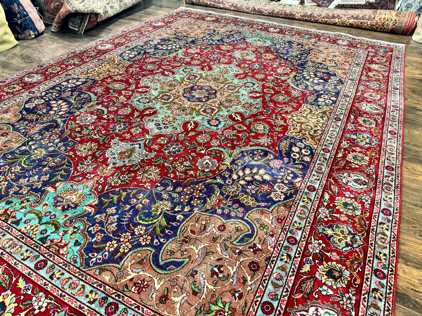 Wonderful Persian Tabriz Rug 10x14, Antique Persian Carpet, Handmade Wool Rug, Floral Medallion, Red Navy Blue, Colorful, Large Persian Area Rug - Nuvé