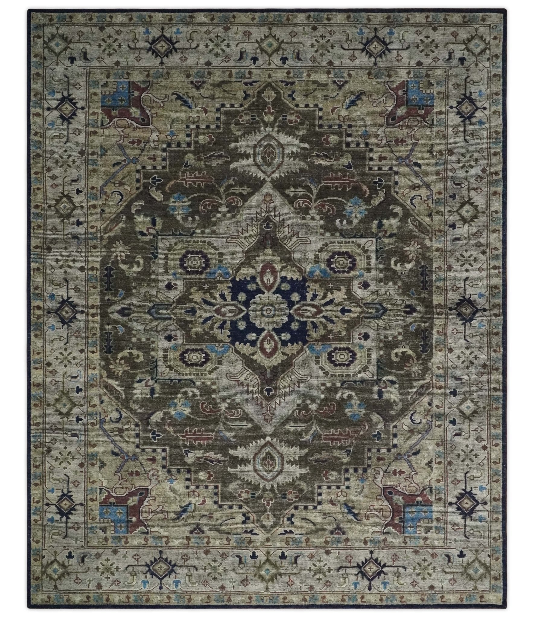 8x10 traditional wool area rug with antique look, brown, beige, and blue medallion design from The Rug Decor.