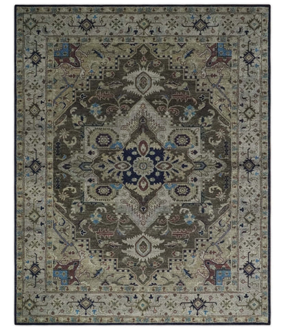 8x10 traditional wool area rug with antique look, brown, beige, and blue medallion design from The Rug Decor.