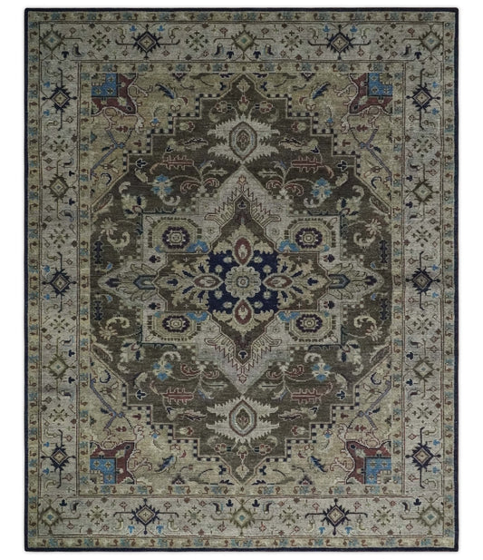 8x10 traditional wool area rug with antique look, brown, beige, and blue medallion design from The Rug Decor.