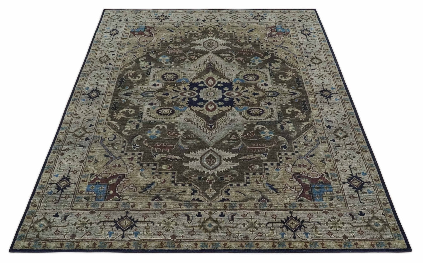 8x10 Antique look Brown, Beige and Blue Traditional Medallion wool Area Rug - Nuvé