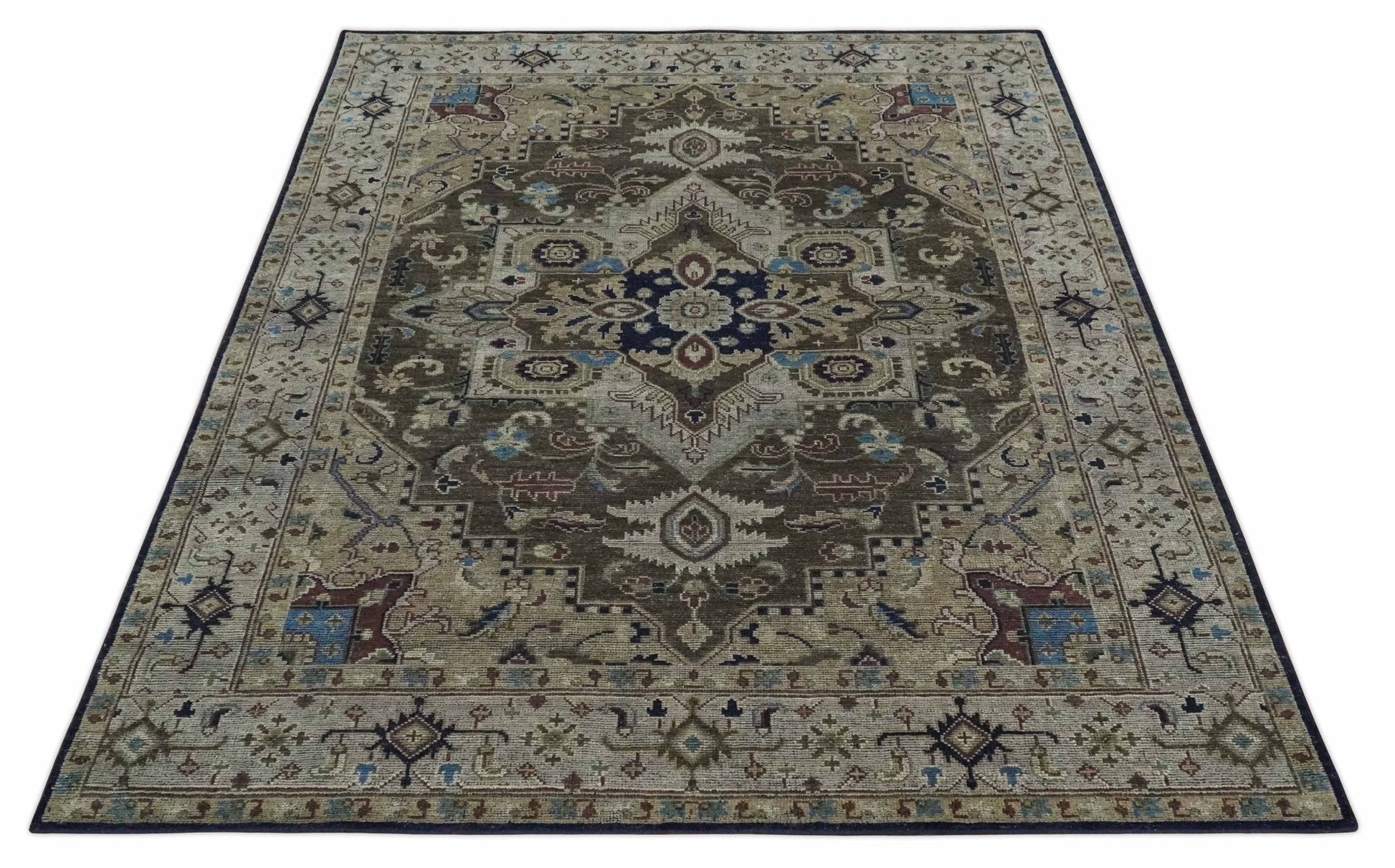 8x10 Antique look Brown, Beige and Blue Traditional Medallion wool Area Rug - Nuvé