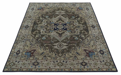 8x10 Antique look Brown, Beige and Blue Traditional Medallion wool Area Rug - Nuvé