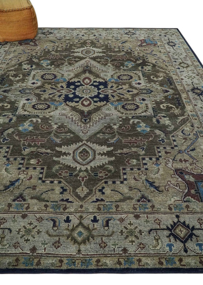 8x10 Antique look Brown, Beige and Blue Traditional Medallion wool Area Rug - Nuvé