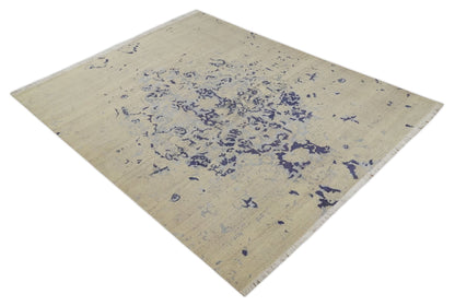 8x10 Beige, Blue and Silver Antique Style, Abstract Hand Knotted Low pile Wool Area Rug - Nuvé