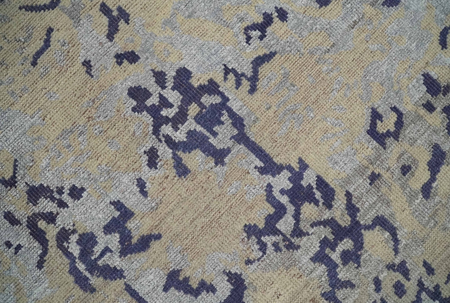 8x10 Beige, Blue and Silver Antique Style, Abstract Hand Knotted Low pile Wool Area Rug - Nuvé