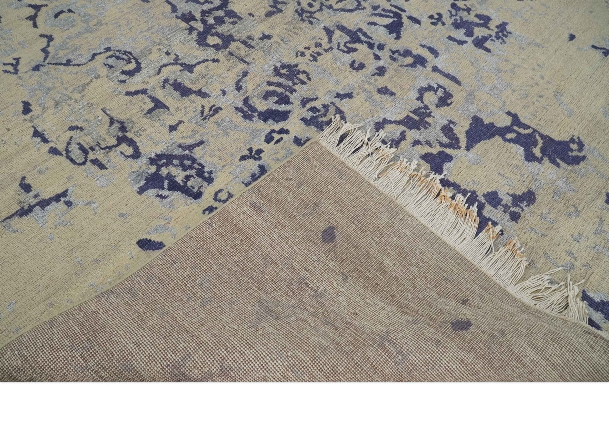 8x10 Beige, Blue and Silver Antique Style, Abstract Hand Knotted Low pile Wool Area Rug - Nuvé