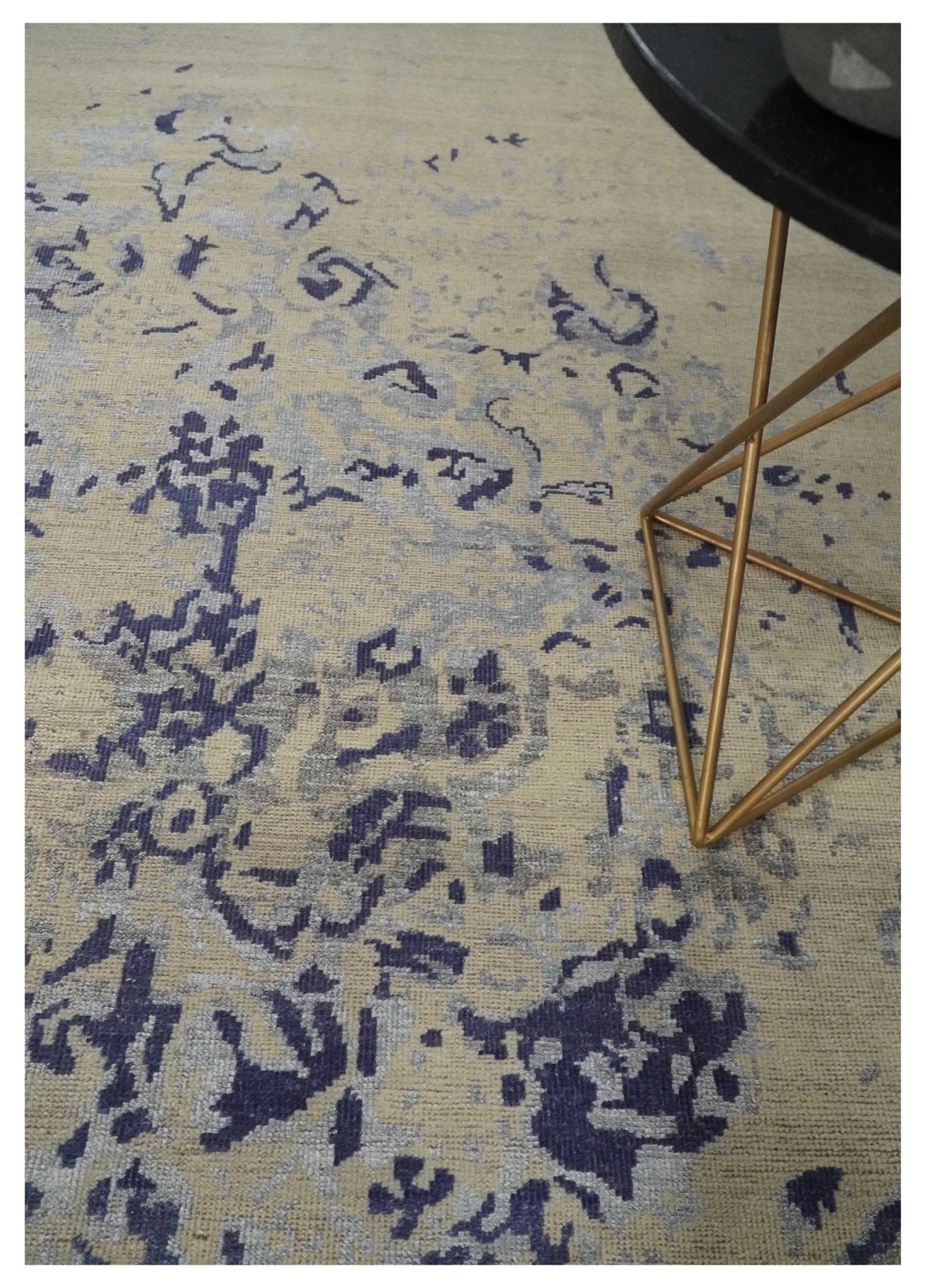 8x10 Beige, Blue and Silver Antique Style, Abstract Hand Knotted Low pile Wool Area Rug - Nuvé