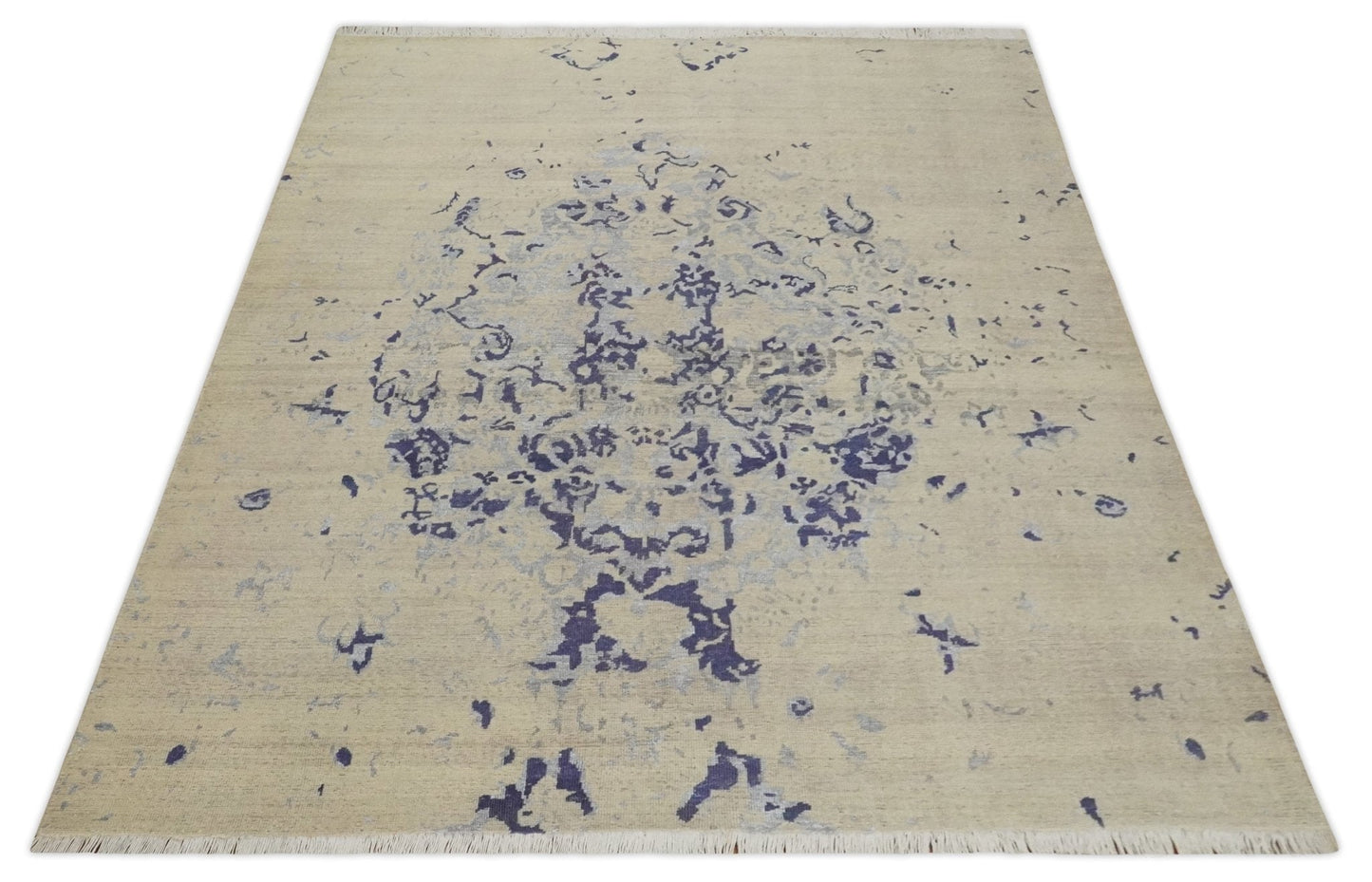 8x10 Beige, Blue and Silver Antique Style, Abstract Hand Knotted Low pile Wool Area Rug - Nuvé