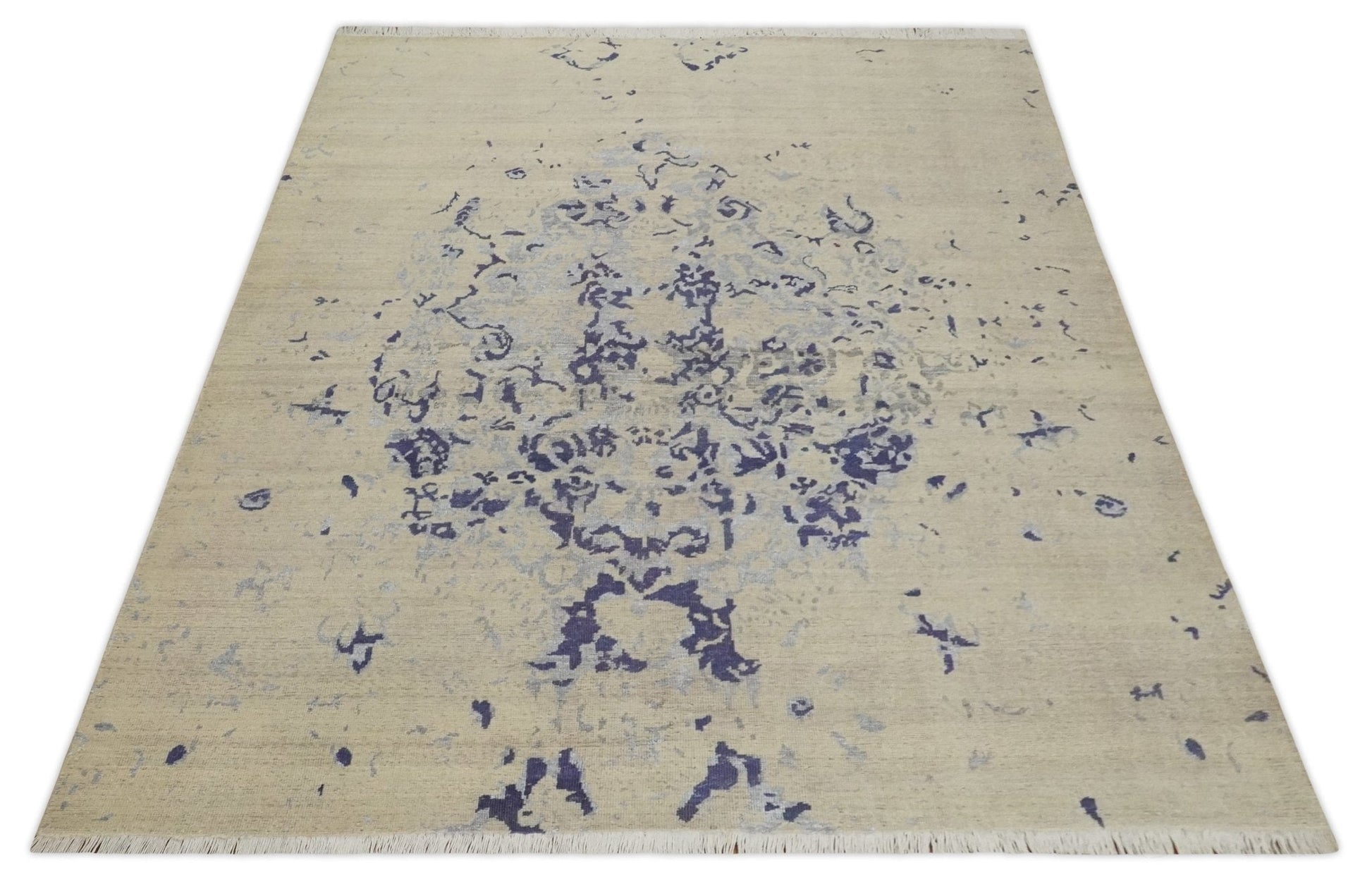 8x10 Beige, Blue and Silver Antique Style, Abstract Hand Knotted Low pile Wool Area Rug - Nuvé