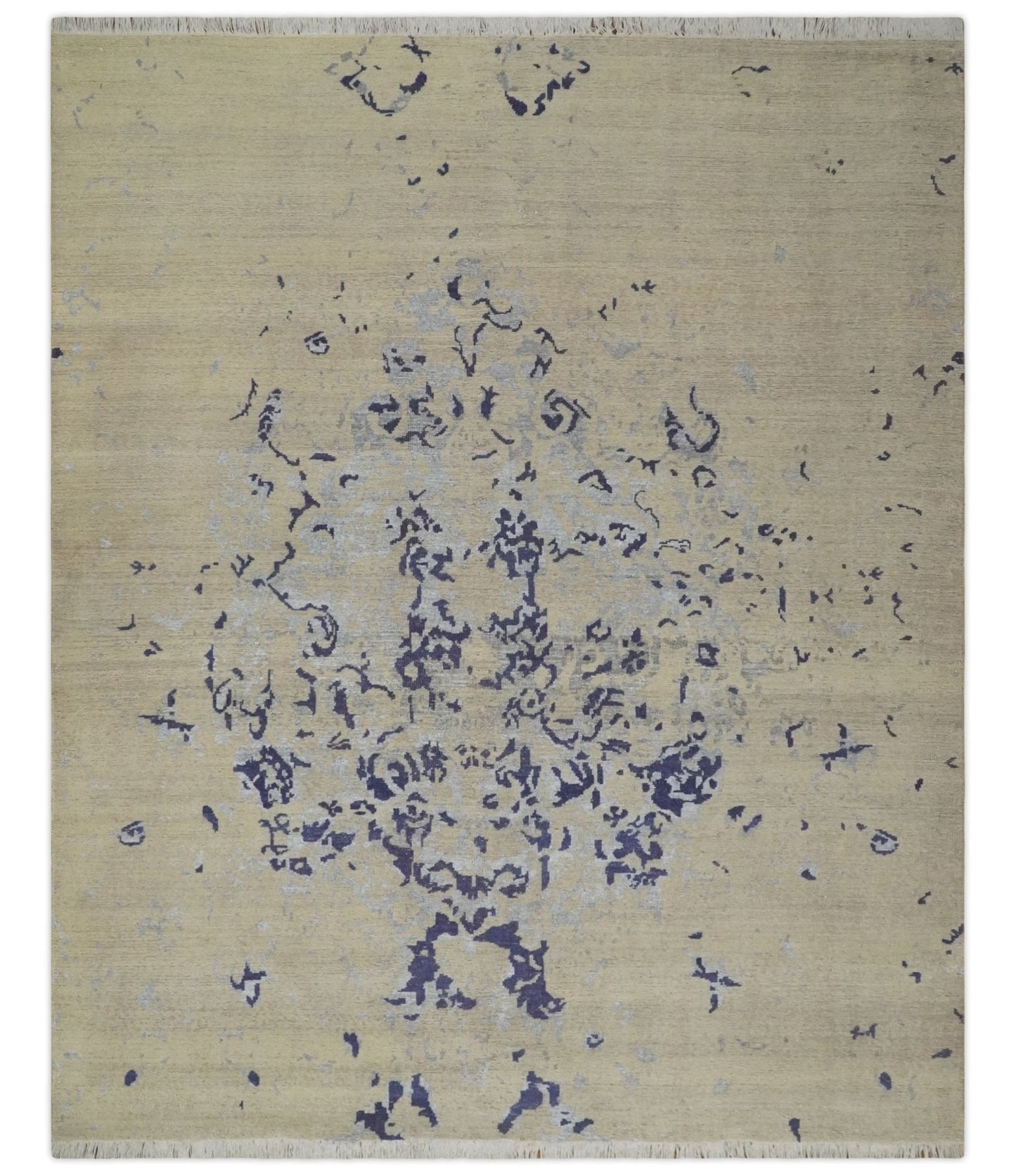 8x10 Beige, Blue and Silver Antique Style, Abstract Hand Knotted Low pile Wool Area Rug - Nuvé