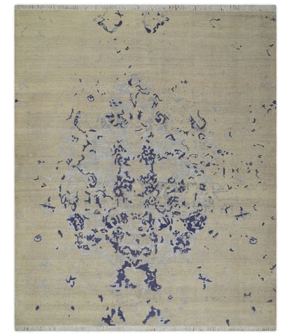 8x10 Beige, Blue and Silver Antique Style, Abstract Hand Knotted Low pile Wool Area Rug - Nuvé