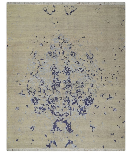 8x10 Beige, Blue and Silver Antique Style, Abstract Hand Knotted Low pile Wool Area Rug - Nuvé