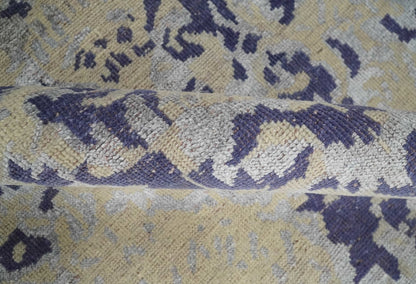 8x10 Beige, Blue and Silver Antique Style, Abstract Hand Knotted Low pile Wool Area Rug - Nuvé