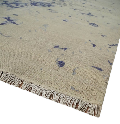 8x10 Beige, Blue and Silver Antique Style, Abstract Hand Knotted Low pile Wool Area Rug - Nuvé