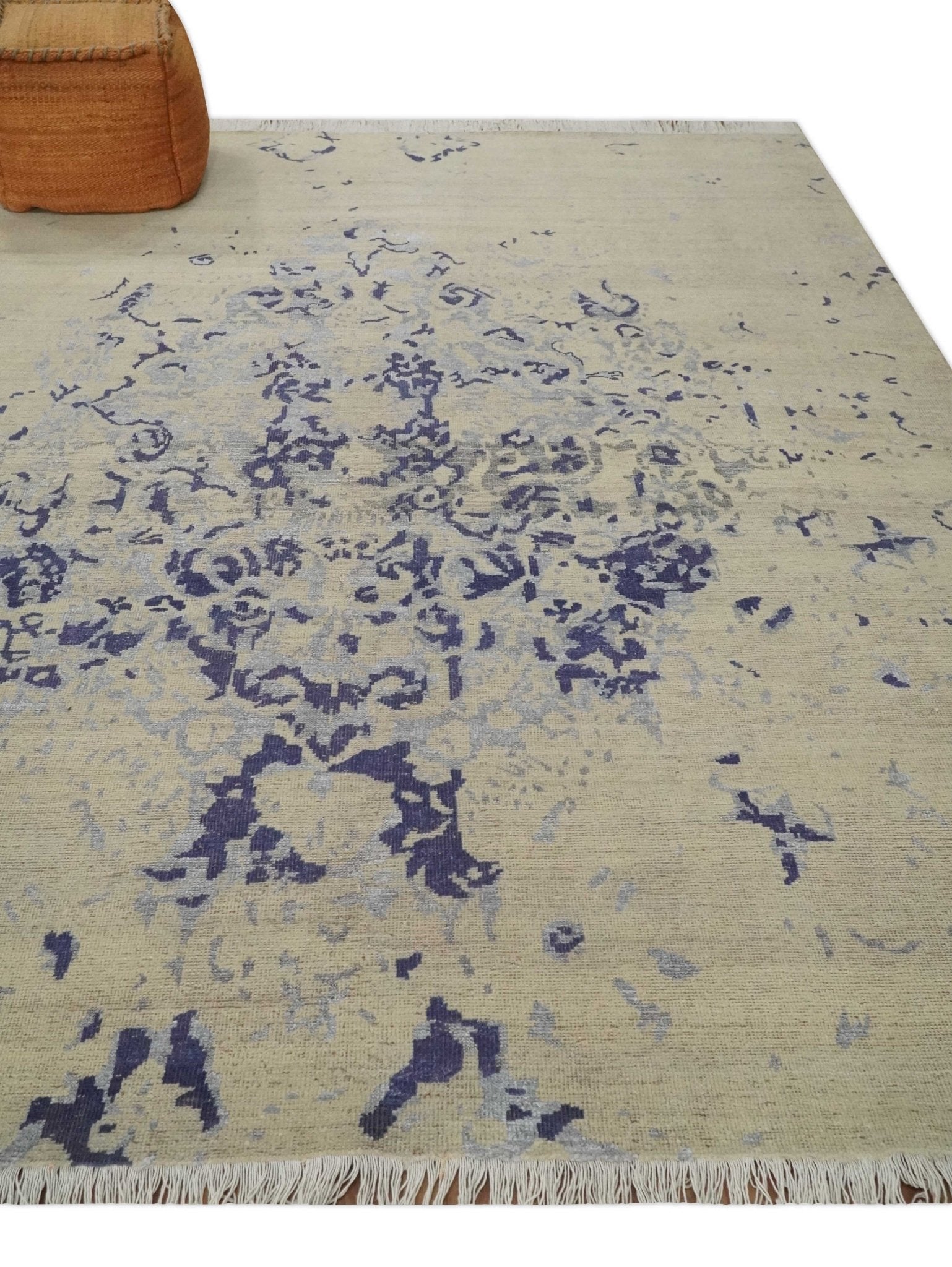 8x10 Beige, Blue and Silver Antique Style, Abstract Hand Knotted Low pile Wool Area Rug - Nuvé