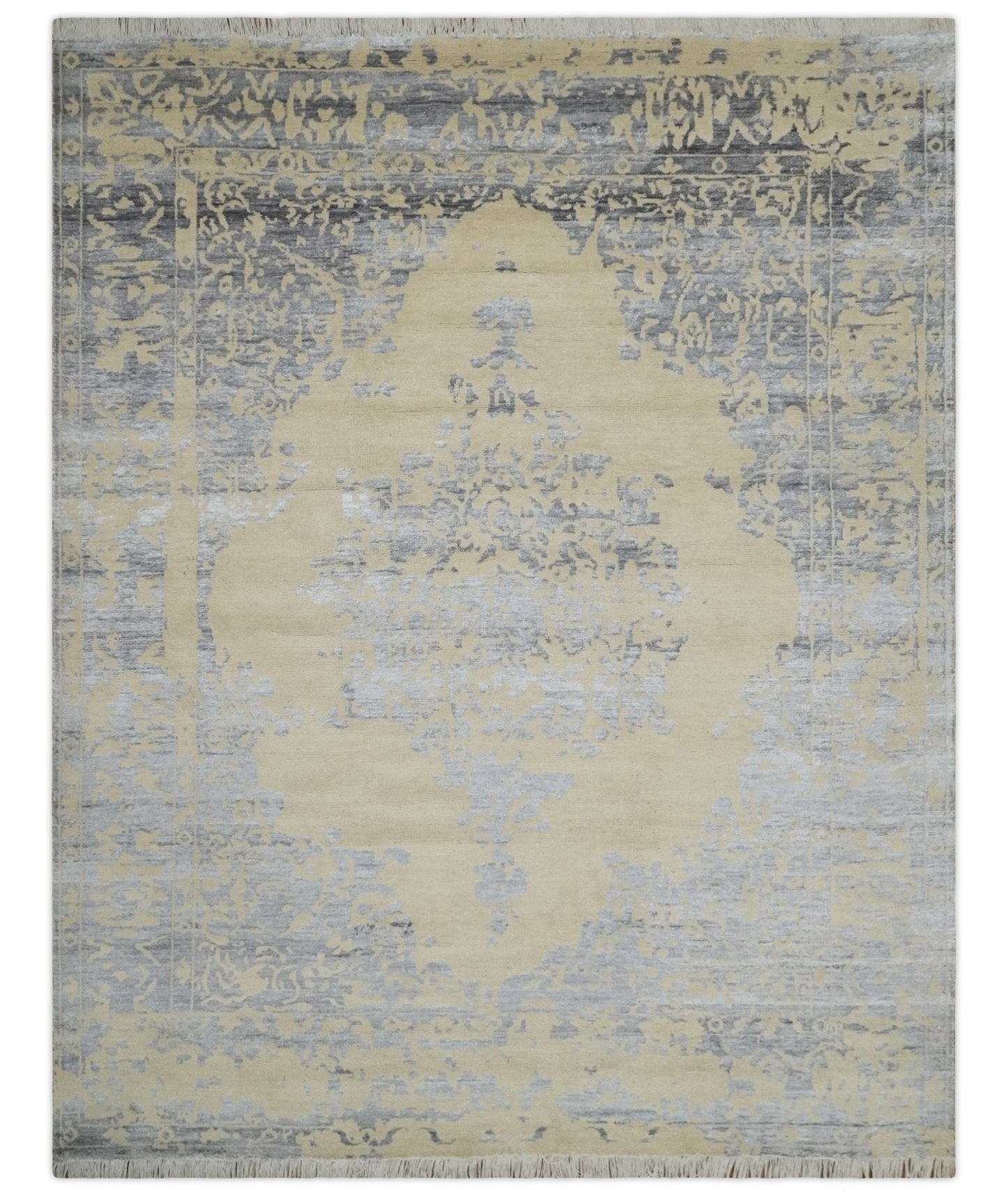 8x10 Beige, Charcoal and Silver Traditional Medallion Hand Knotted Wool and Bamboo Silk Area Rug - Nuvé