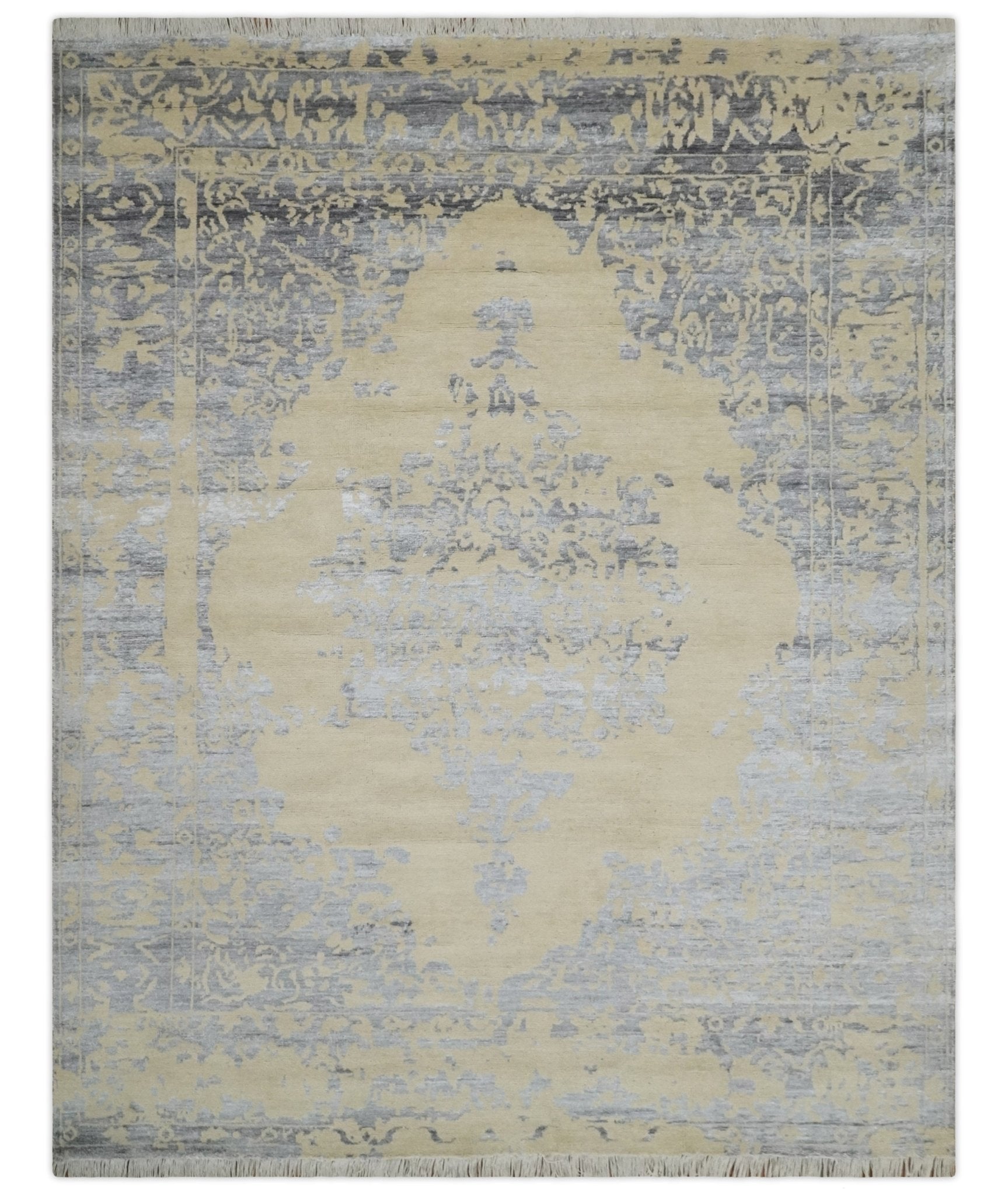 8x10 Beige, Charcoal and Silver Traditional Medallion Hand Knotted Wool and Bamboo Silk Area Rug - Nuvé