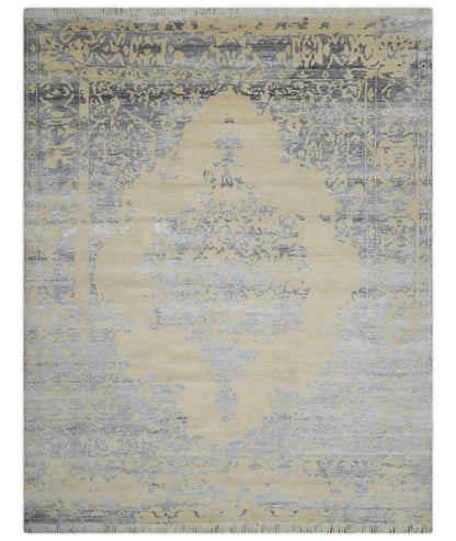 8x10 Beige, Charcoal and Silver Traditional Medallion Hand Knotted Wool and Bamboo Silk Area Rug - Nuvé