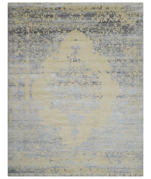 8x10 Beige, Charcoal and Silver Traditional Medallion Hand Knotted Wool and Bamboo Silk Area Rug - Nuvé