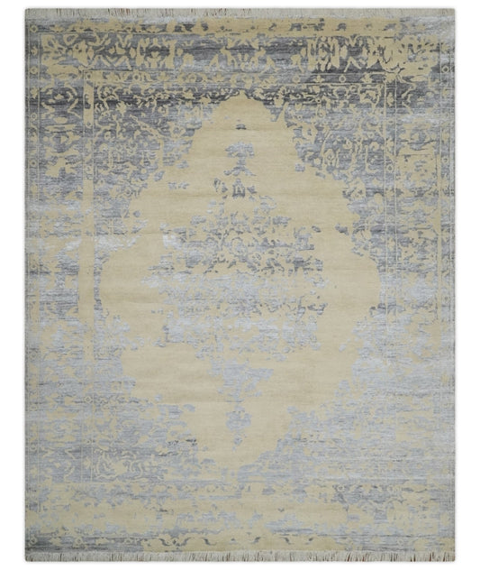 8x10 Beige, Charcoal and Silver Traditional Medallion Hand Knotted Wool and Bamboo Silk Area Rug - Nuvé