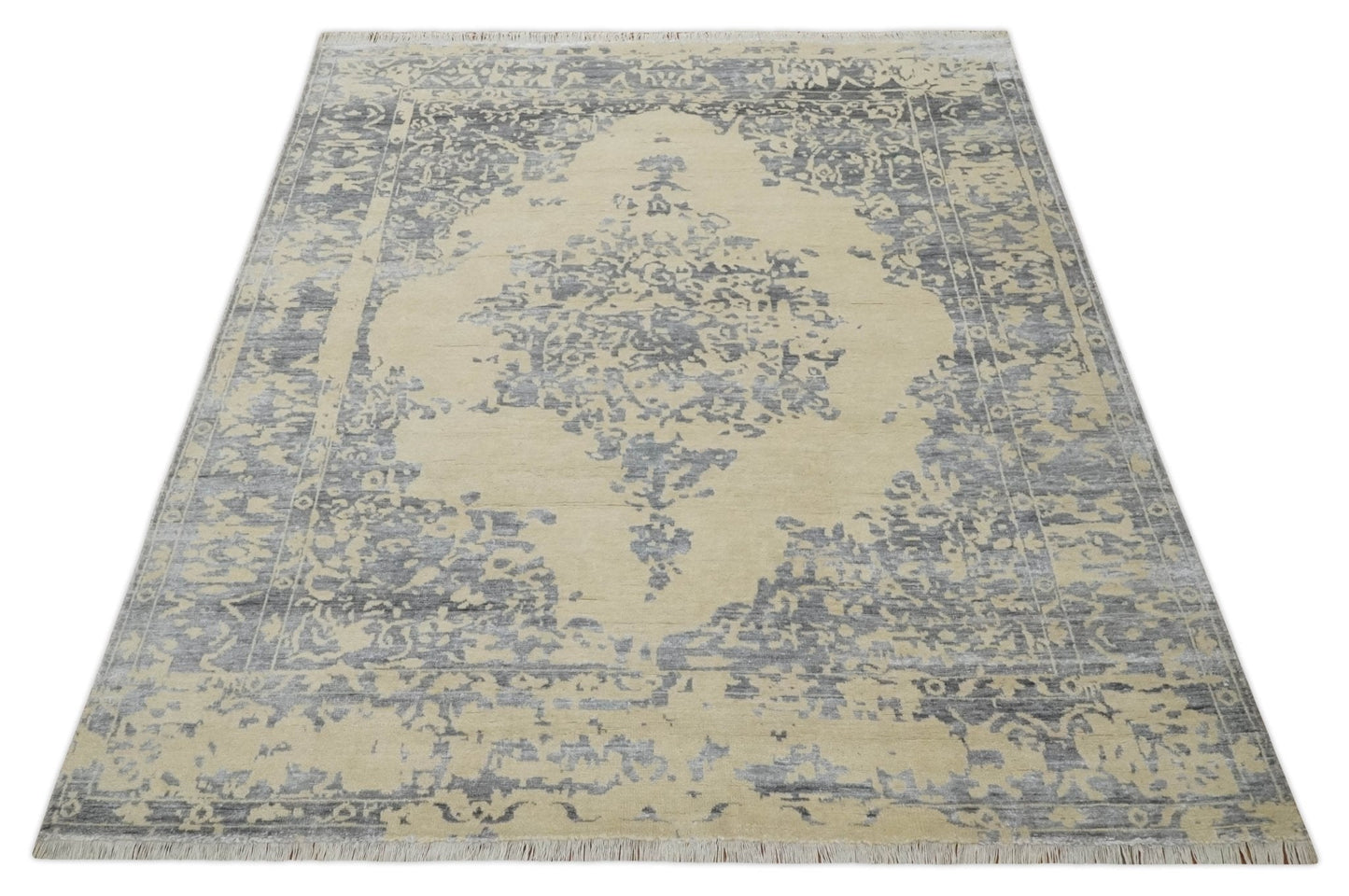 8x10 Beige, Charcoal and Silver Traditional Medallion Hand Knotted Wool and Bamboo Silk Area Rug - Nuvé