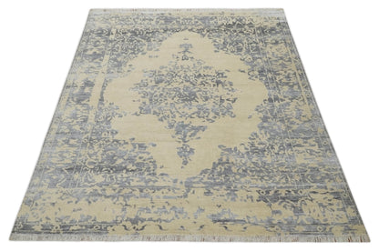 8x10 Beige, Charcoal and Silver Traditional Medallion Hand Knotted Wool and Bamboo Silk Area Rug - Nuvé