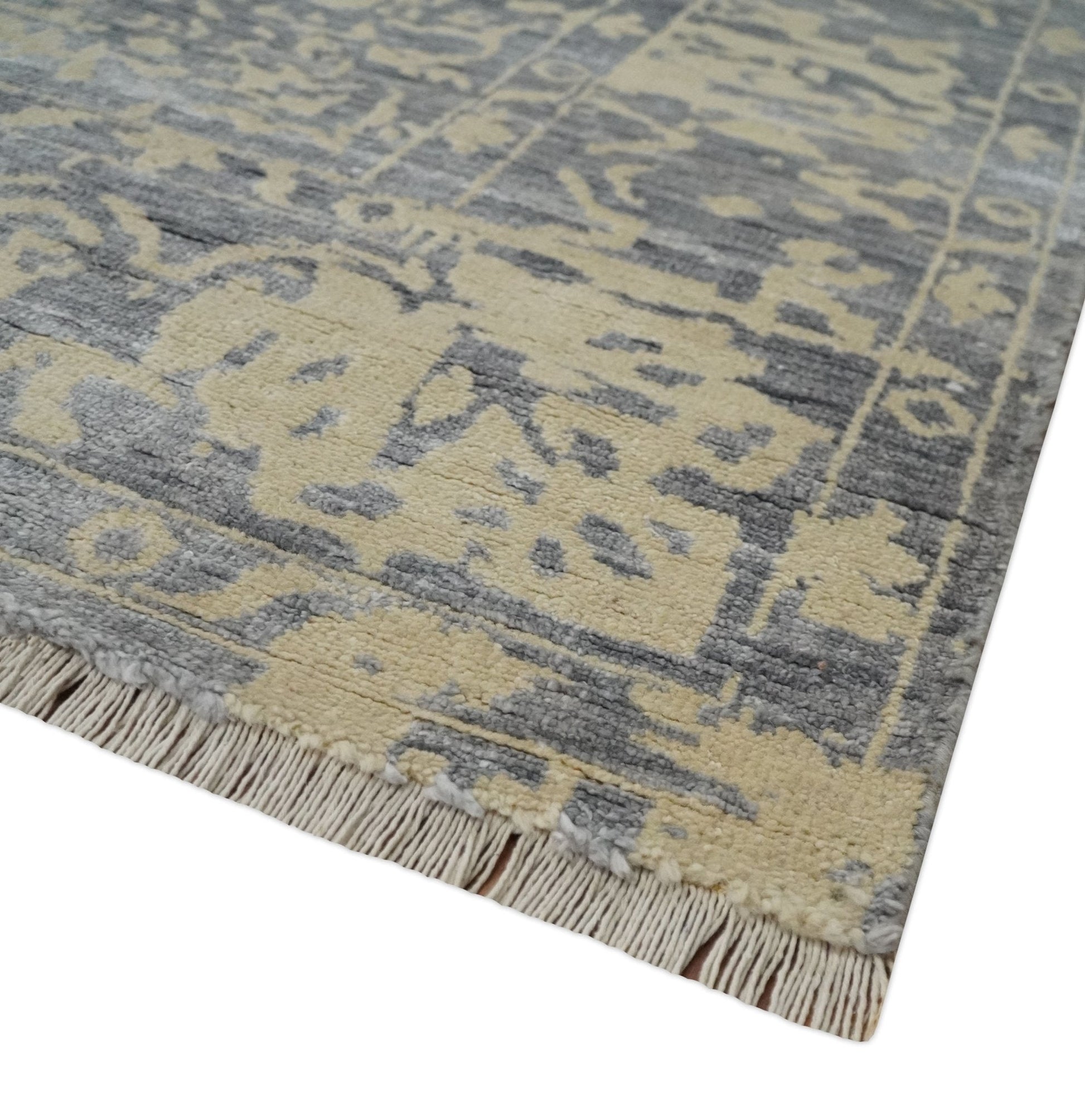 8x10 Beige, Charcoal and Silver Traditional Medallion Hand Knotted Wool and Bamboo Silk Area Rug - Nuvé