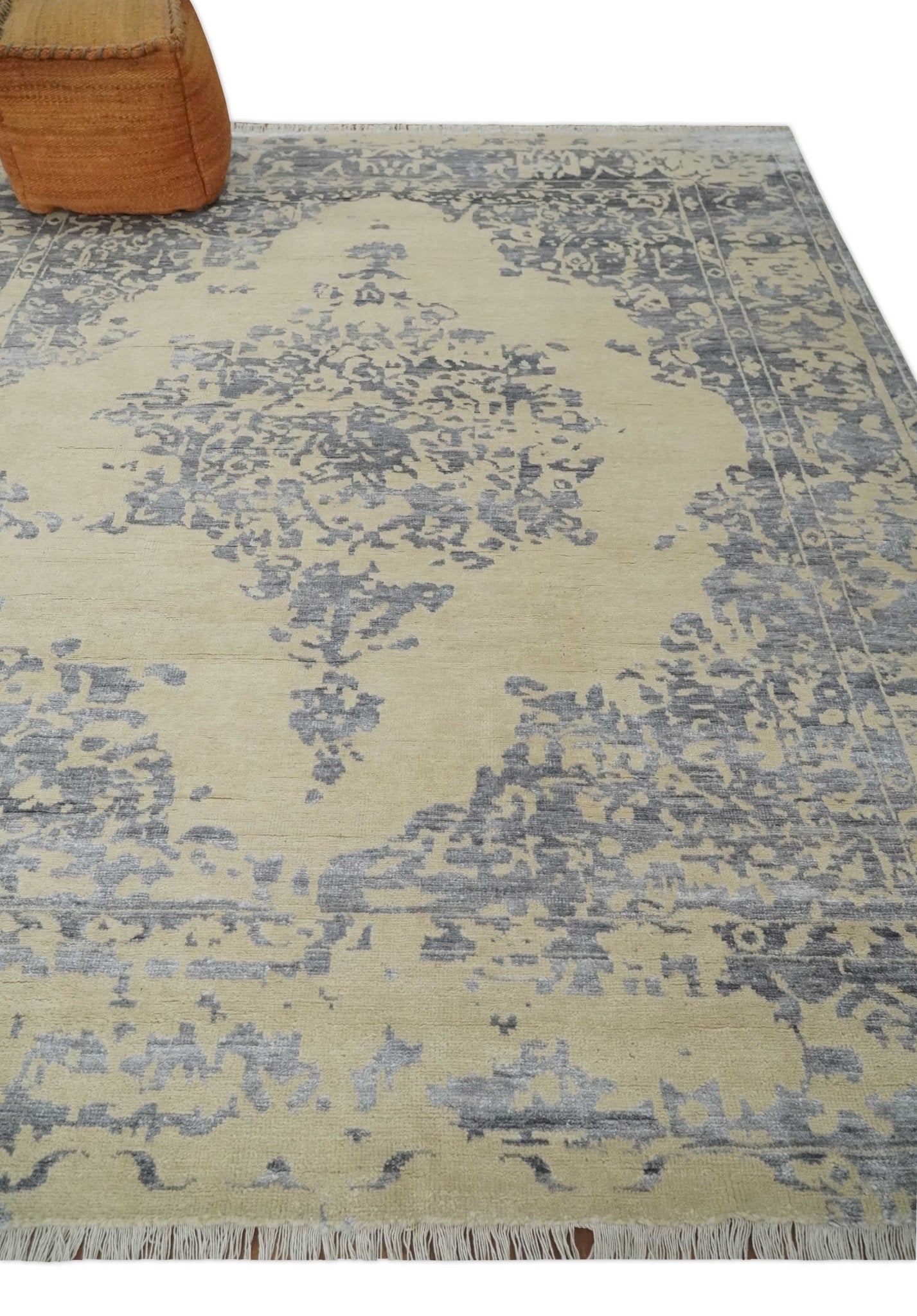 8x10 Beige, Charcoal and Silver Traditional Medallion Hand Knotted Wool and Bamboo Silk Area Rug - Nuvé