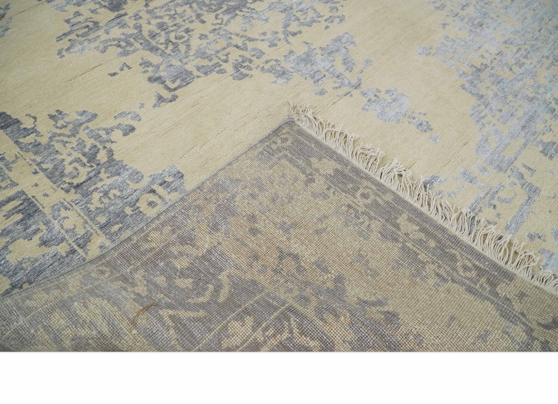 8x10 Beige, Charcoal and Silver Traditional Medallion Hand Knotted Wool and Bamboo Silk Area Rug - Nuvé