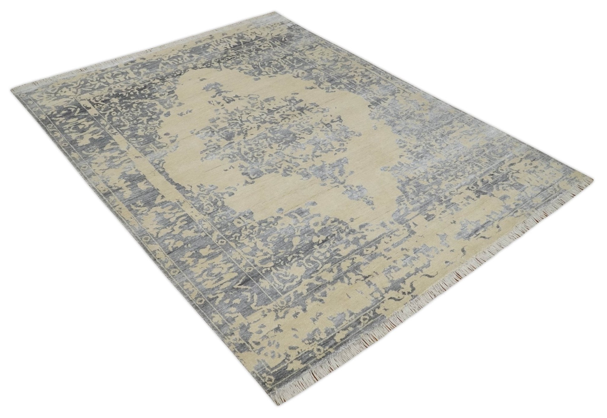 8x10 Beige, Charcoal and Silver Traditional Medallion Hand Knotted Wool and Bamboo Silk Area Rug - Nuvé